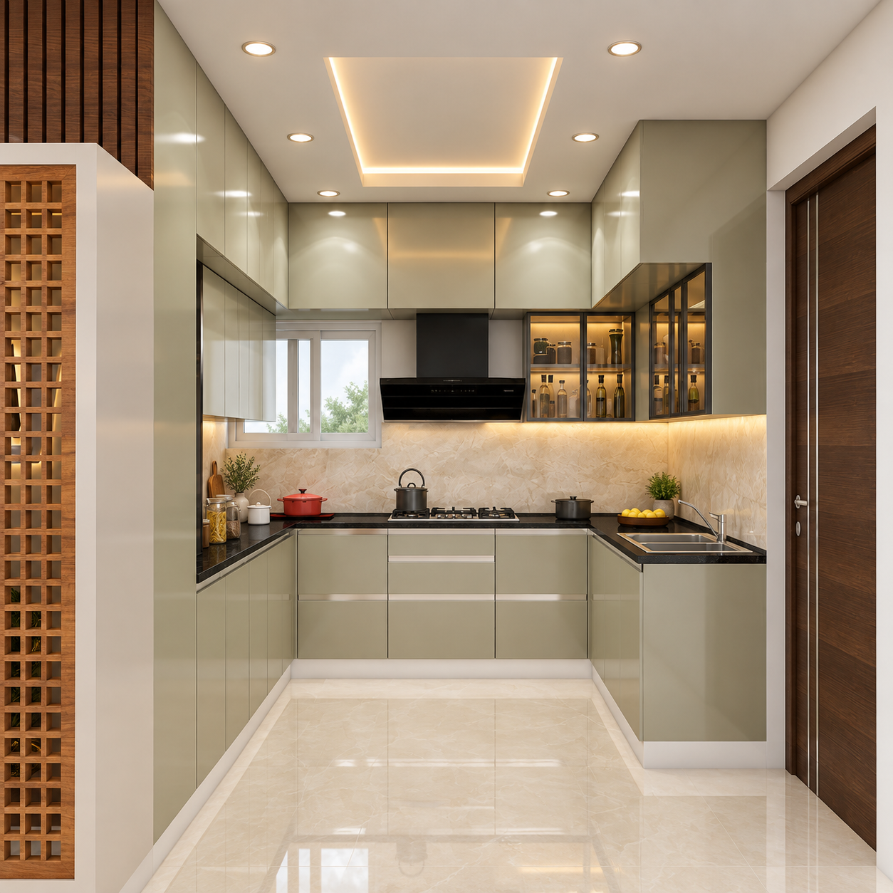 luxurious symmetrical sage u shaped kitchen