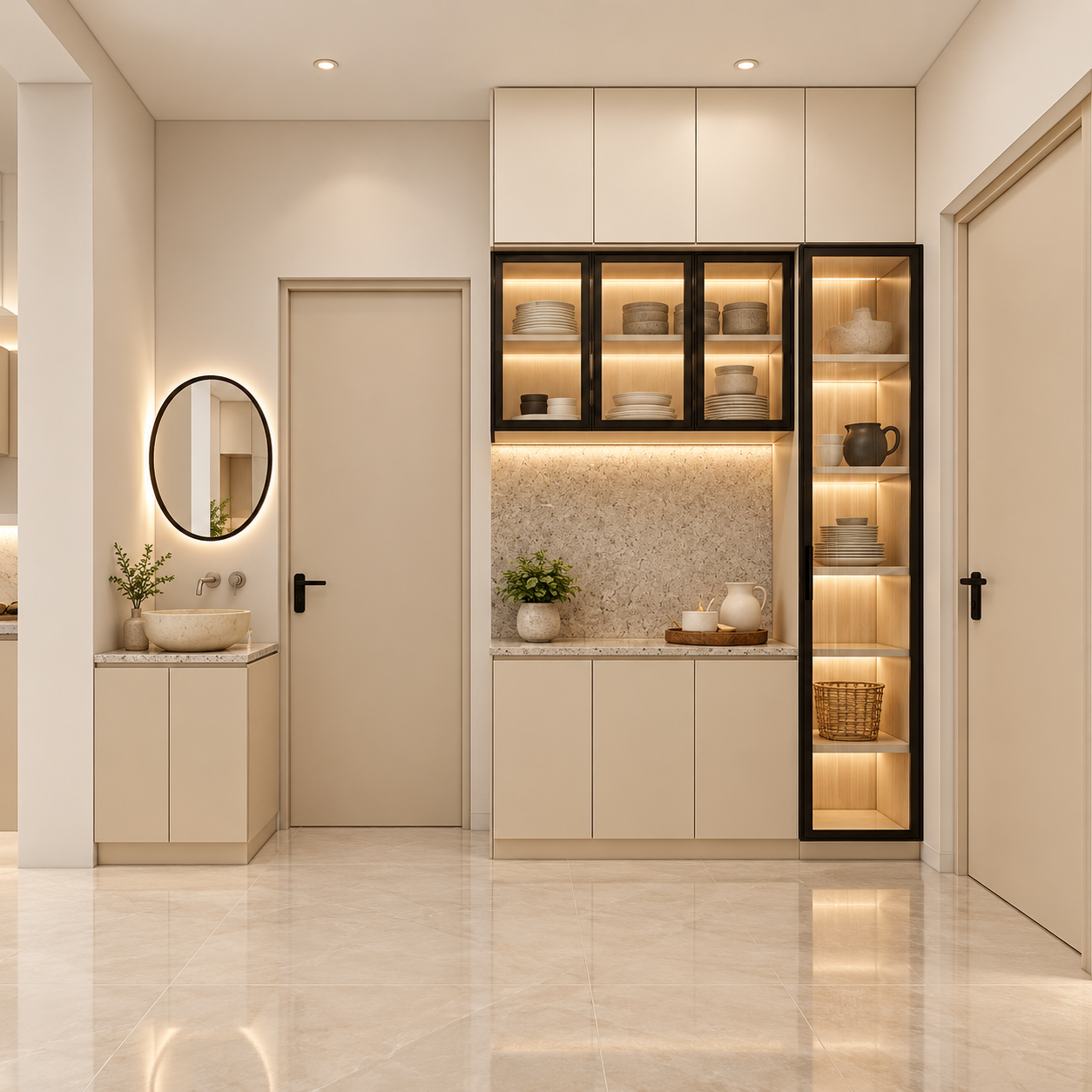 warm minimalist hallway with glass cabinetry